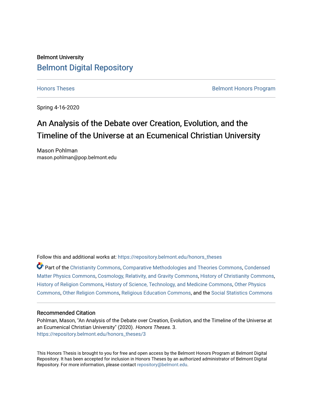 An Analysis of the Debate Over Creation, Evolution, and the Timeline of the Universe at an Ecumenical Christian University