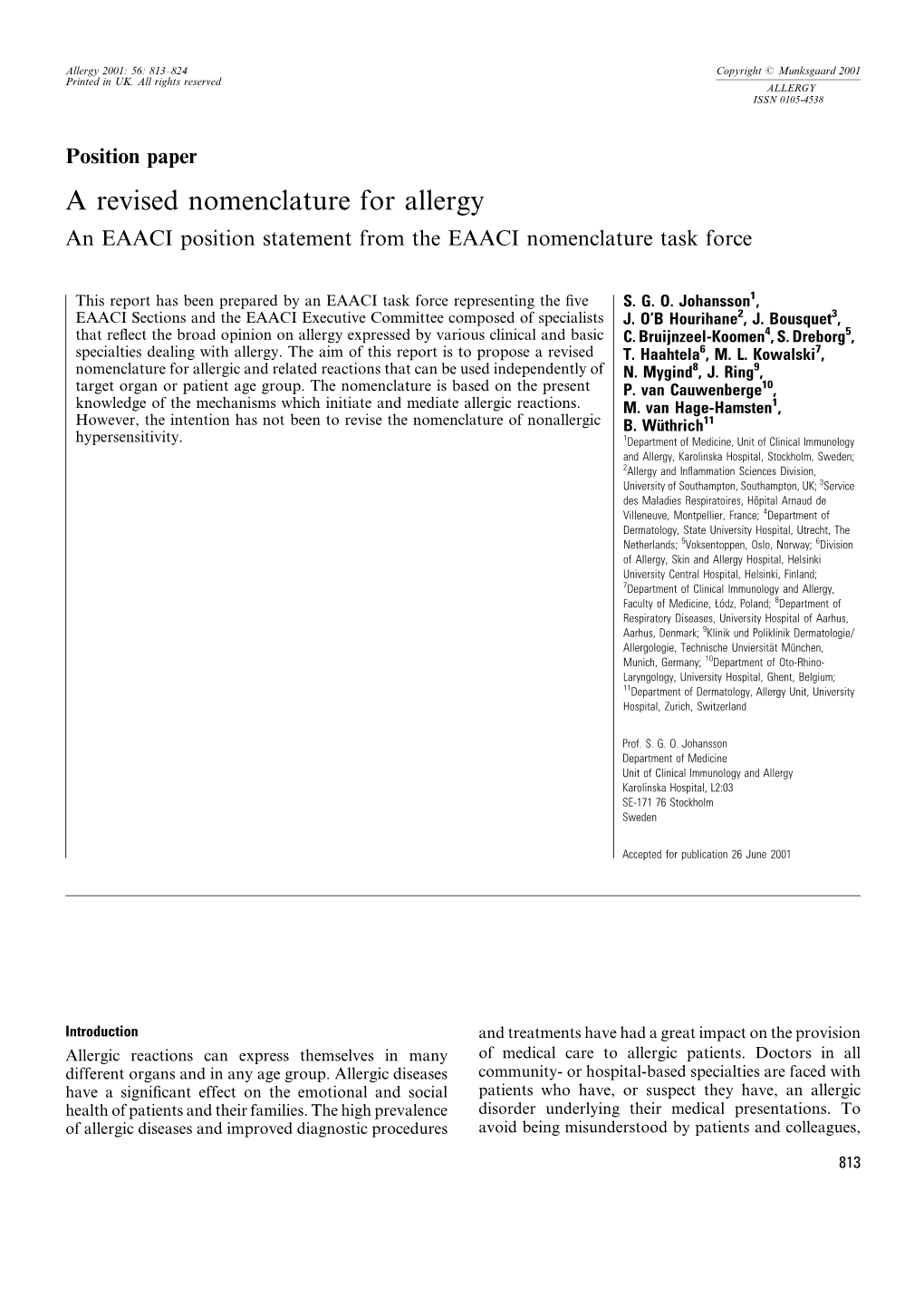 A Revised Nomenclature for Allergy an EAACI Position Statement from the EAACI Nomenclature Task Force