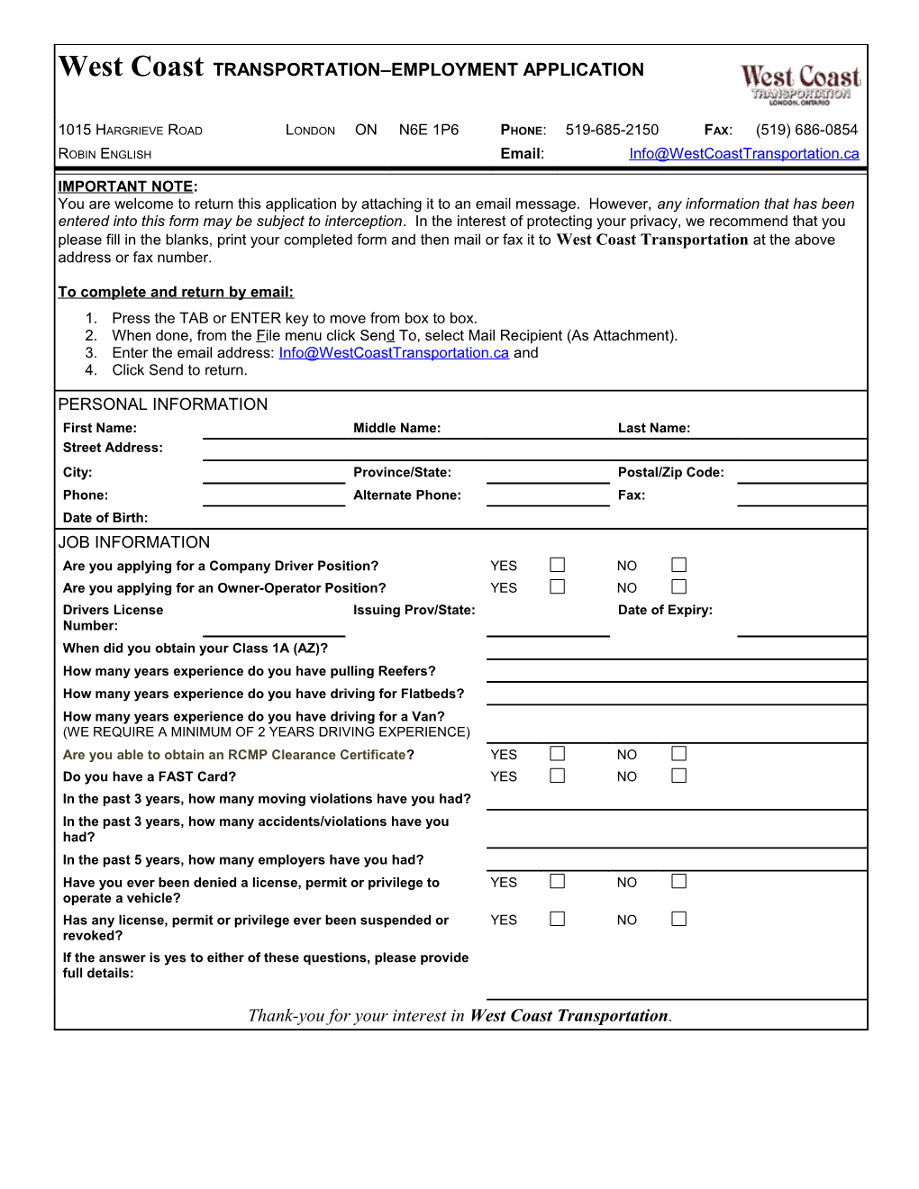 West Coast Transportation Rate Request