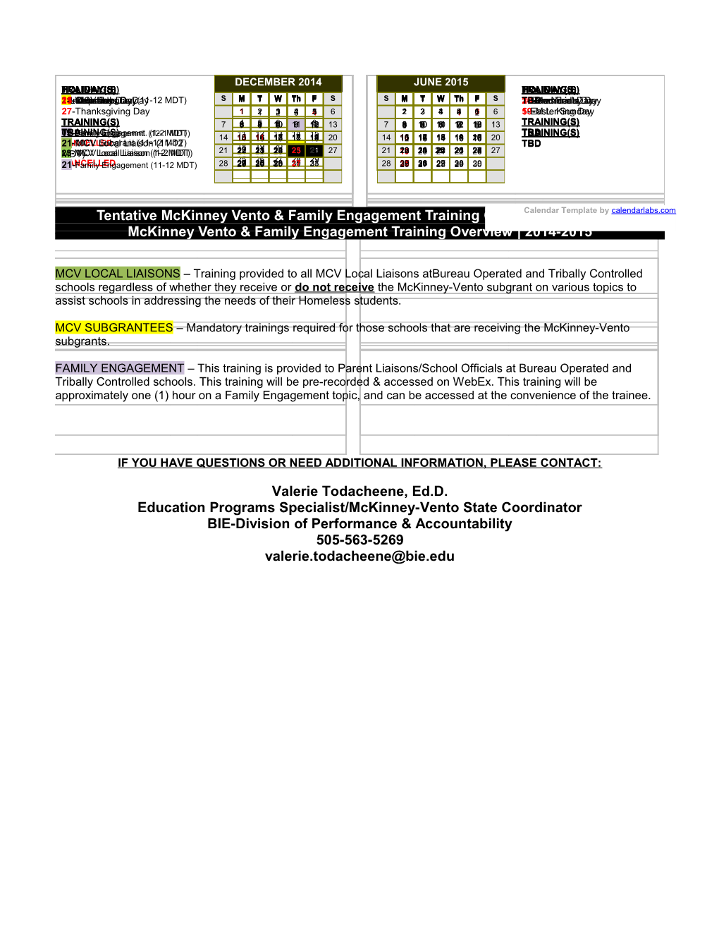 Tentative Mckinney Vento & Family Engagement Training Calendar 2014-2015Mckinney Vento