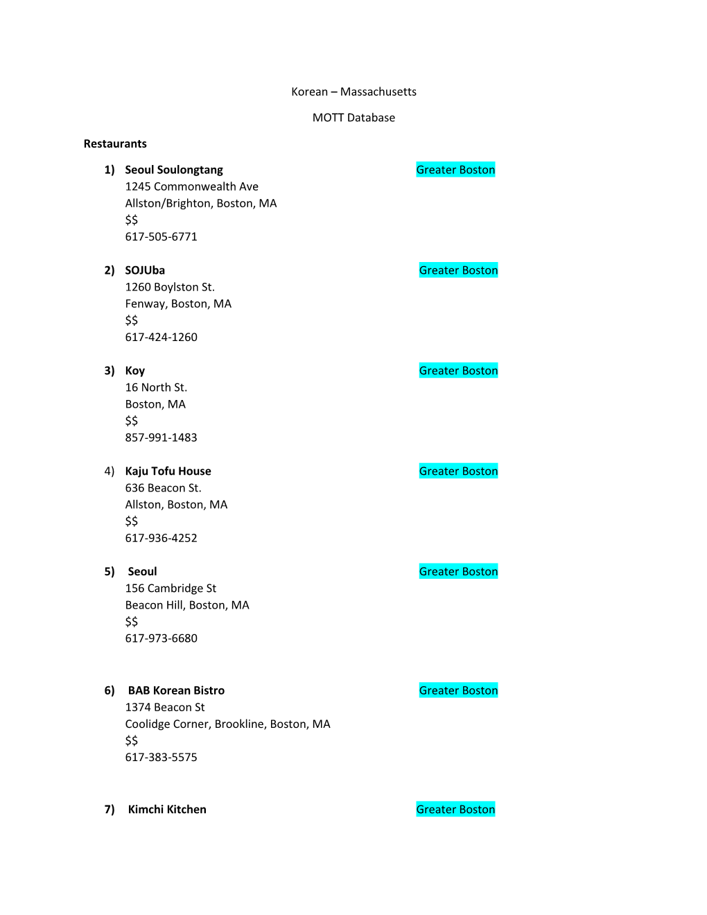 Korean – Massachusetts MOTT Database Restaurants 1) Seoul