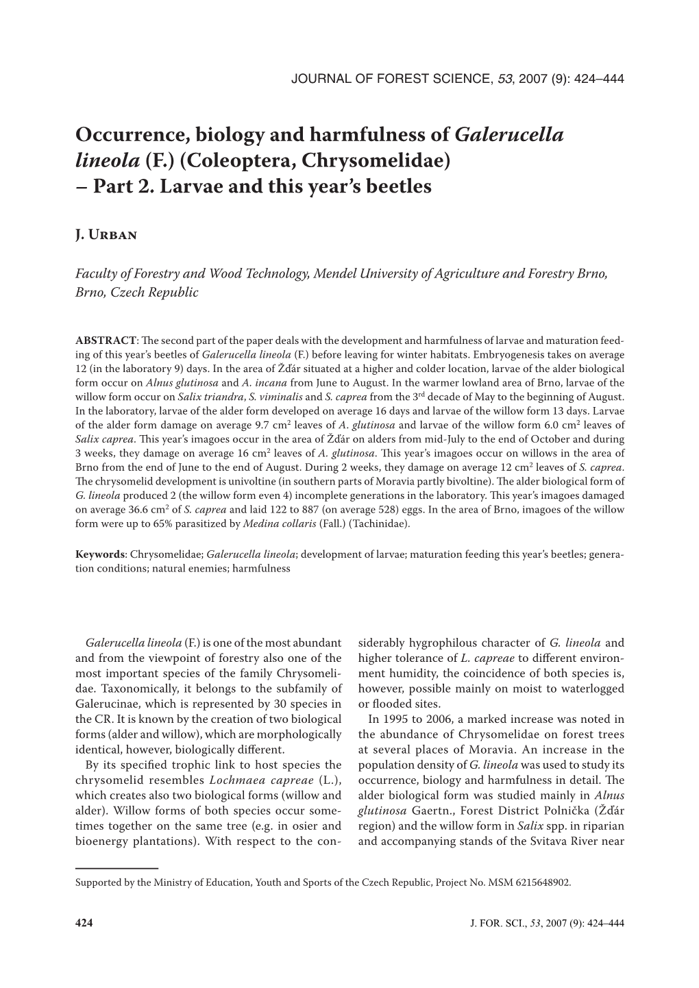 Occurrence, Biology and Harmfulness of Galerucella Lineola (F.) (Coleoptera, Chrysomelidae) – Part 2