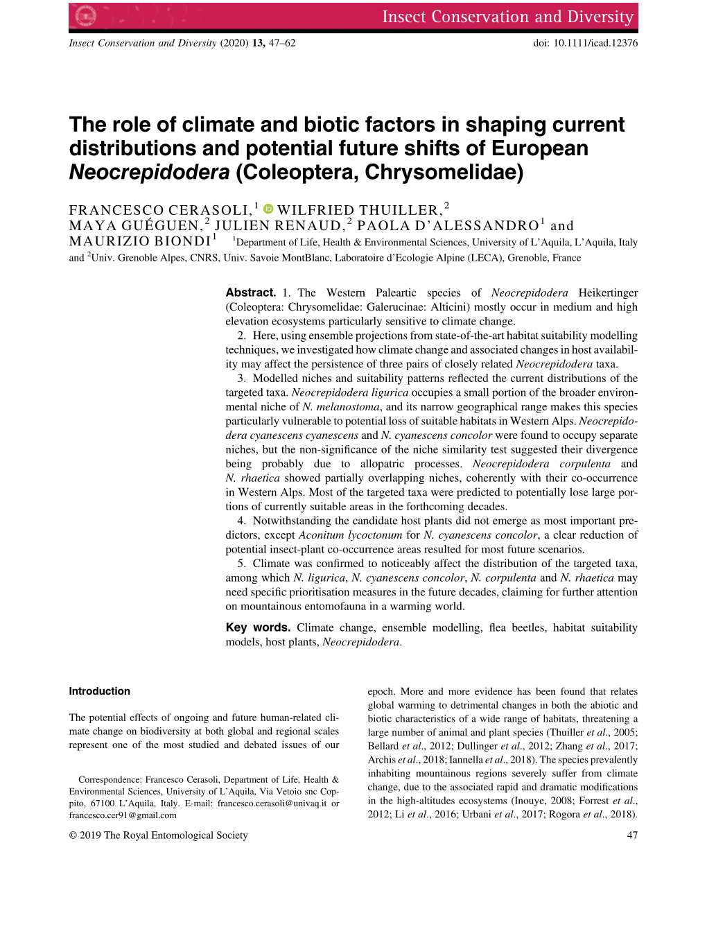 The Role of Climate and Biotic Factors in Shaping Current Distributions and Potential Future Shifts of European Neocrepidodera (Coleoptera, Chrysomelidae)