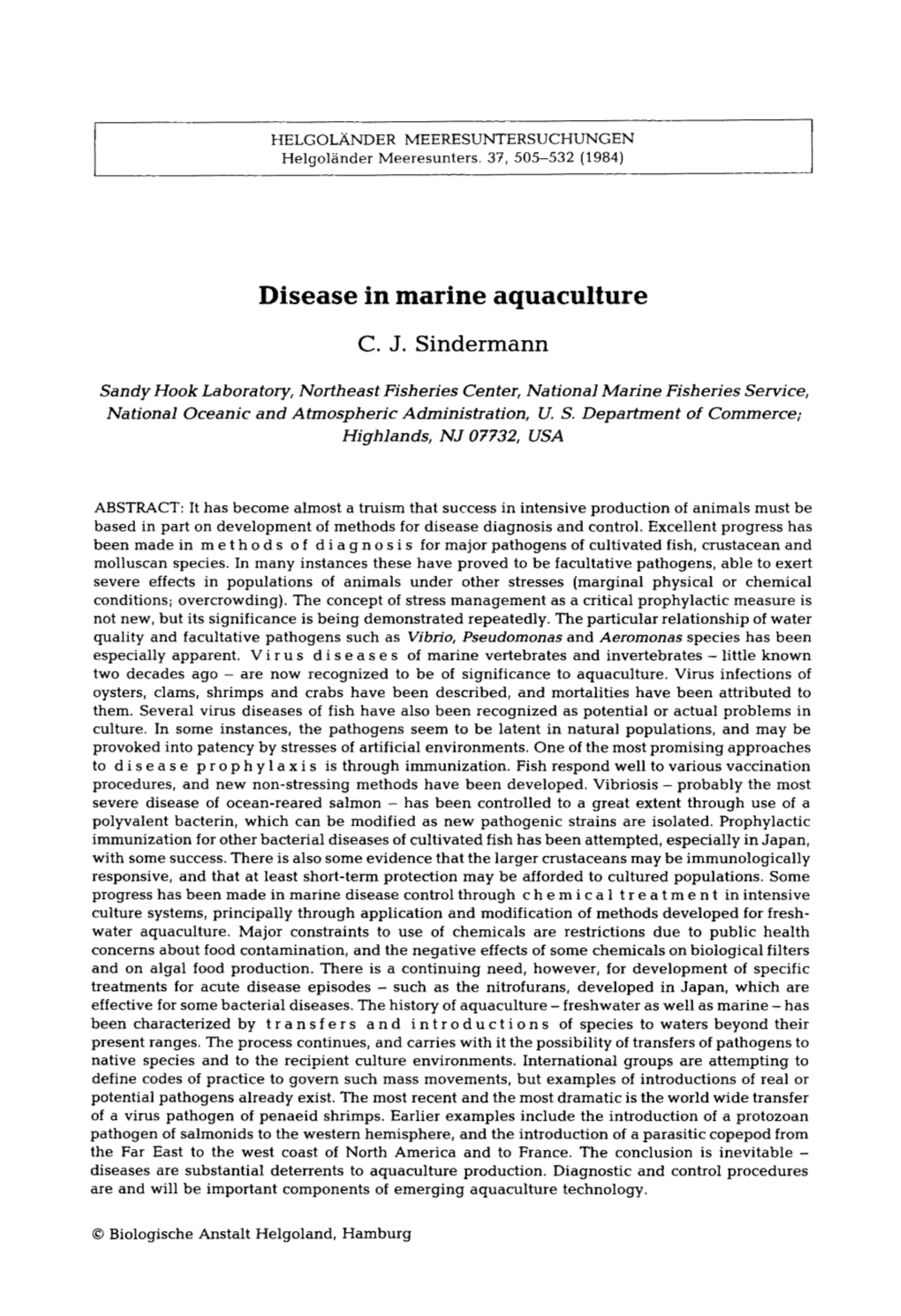 Disease in Marine Aquaculture CJ Sindermann