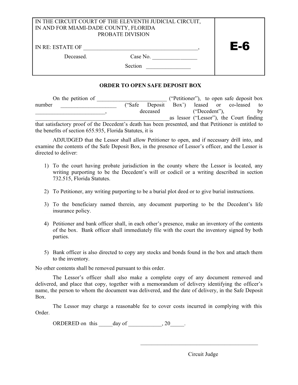 Order to Open Safe Deposit Box