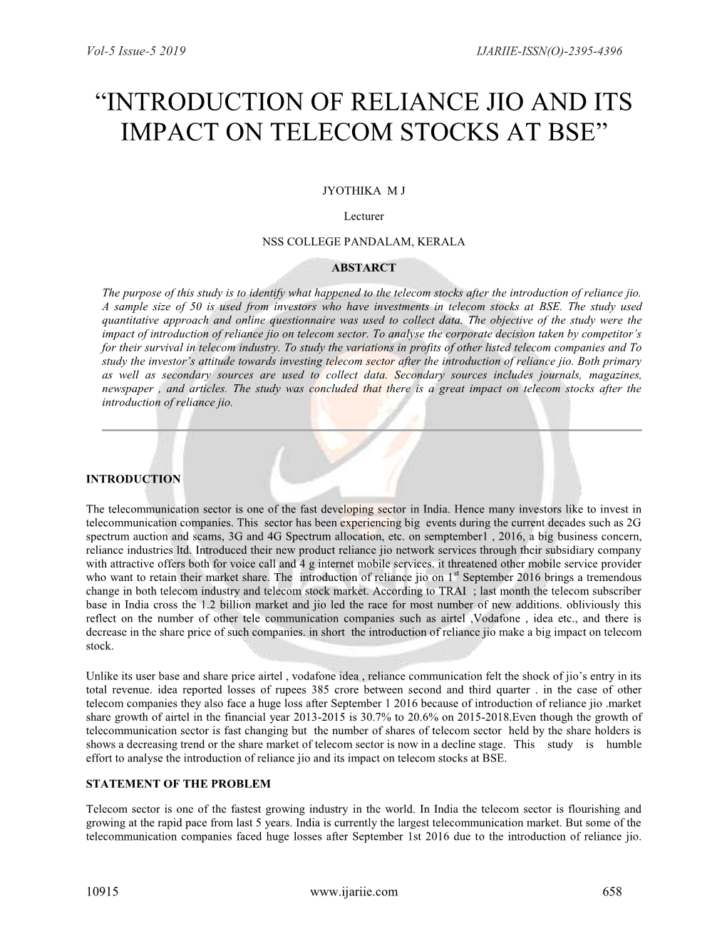 “Introduction of Reliance Jio and Its Impact on Telecom Stocks at Bse”