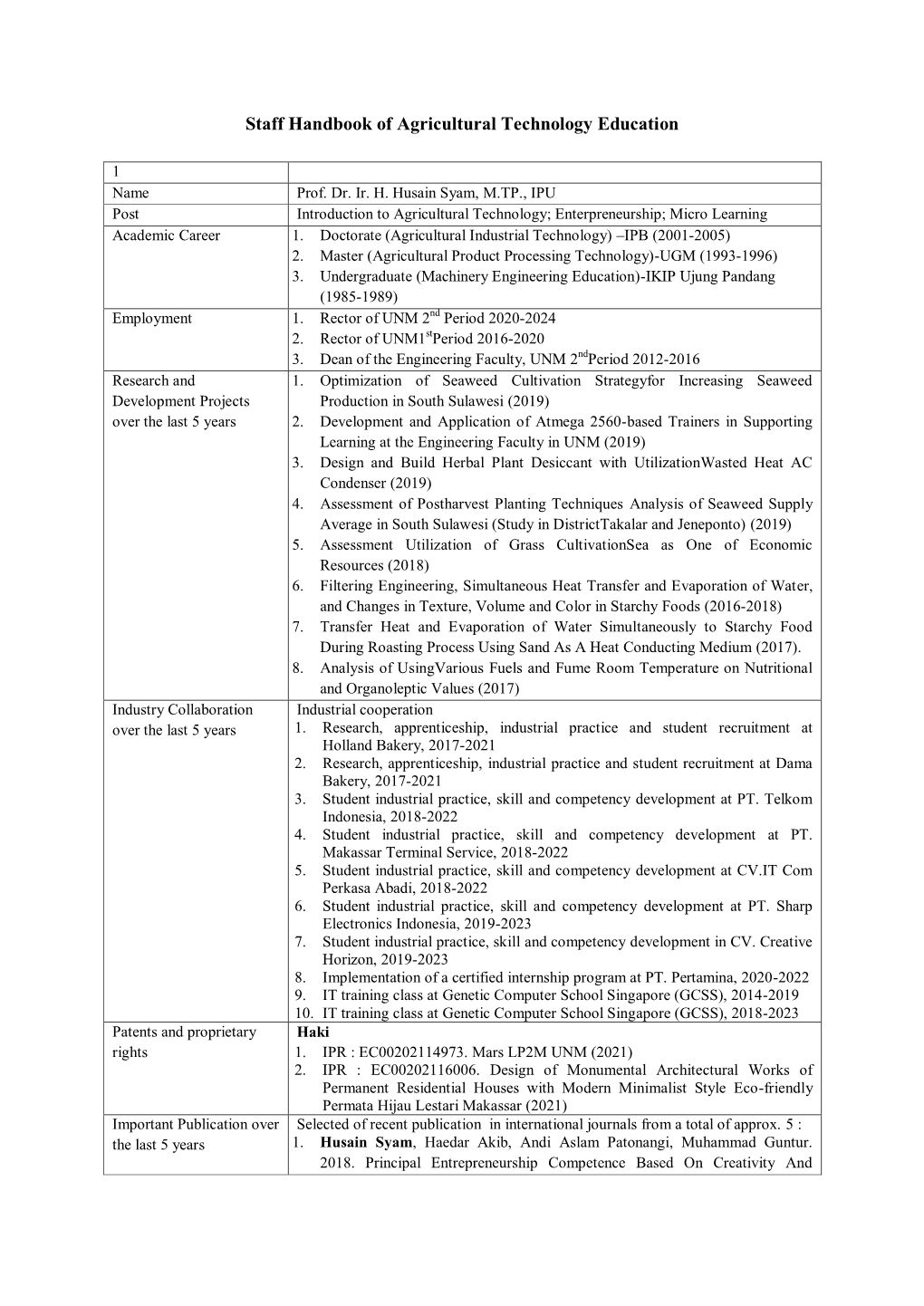 Staff Handbook of Agricultural Technology Education