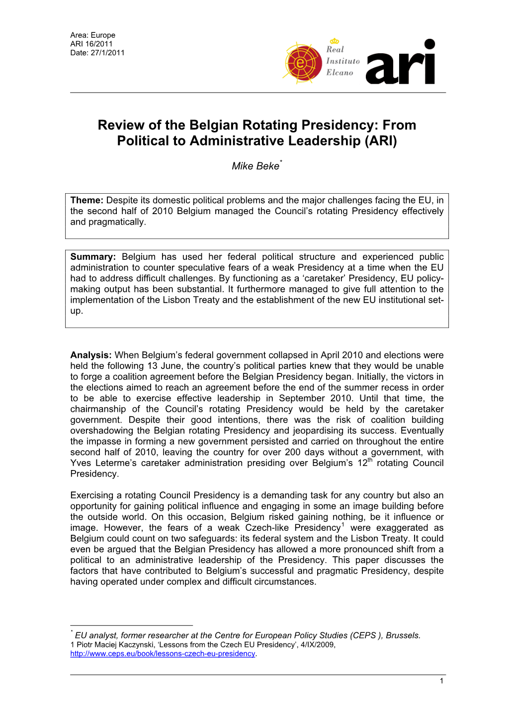Review of the Belgian Rotating Presidency: from Political to Administrative Leadership (ARI)