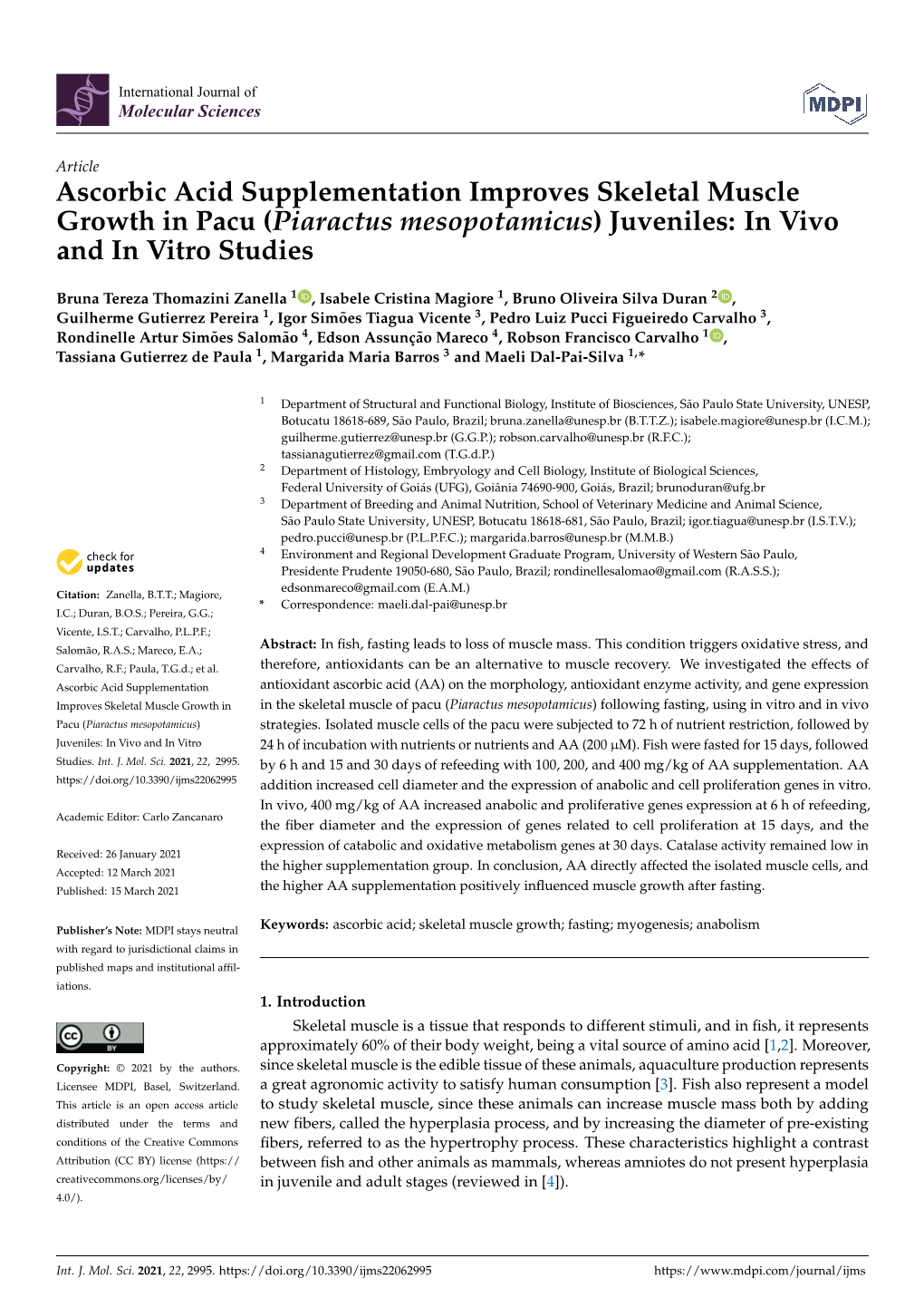 Ascorbic Acid Supplementation Improves Skeletal Muscle Growth in Pacu (Piaractus Mesopotamicus) Juveniles: in Vivo and in Vitro Studies