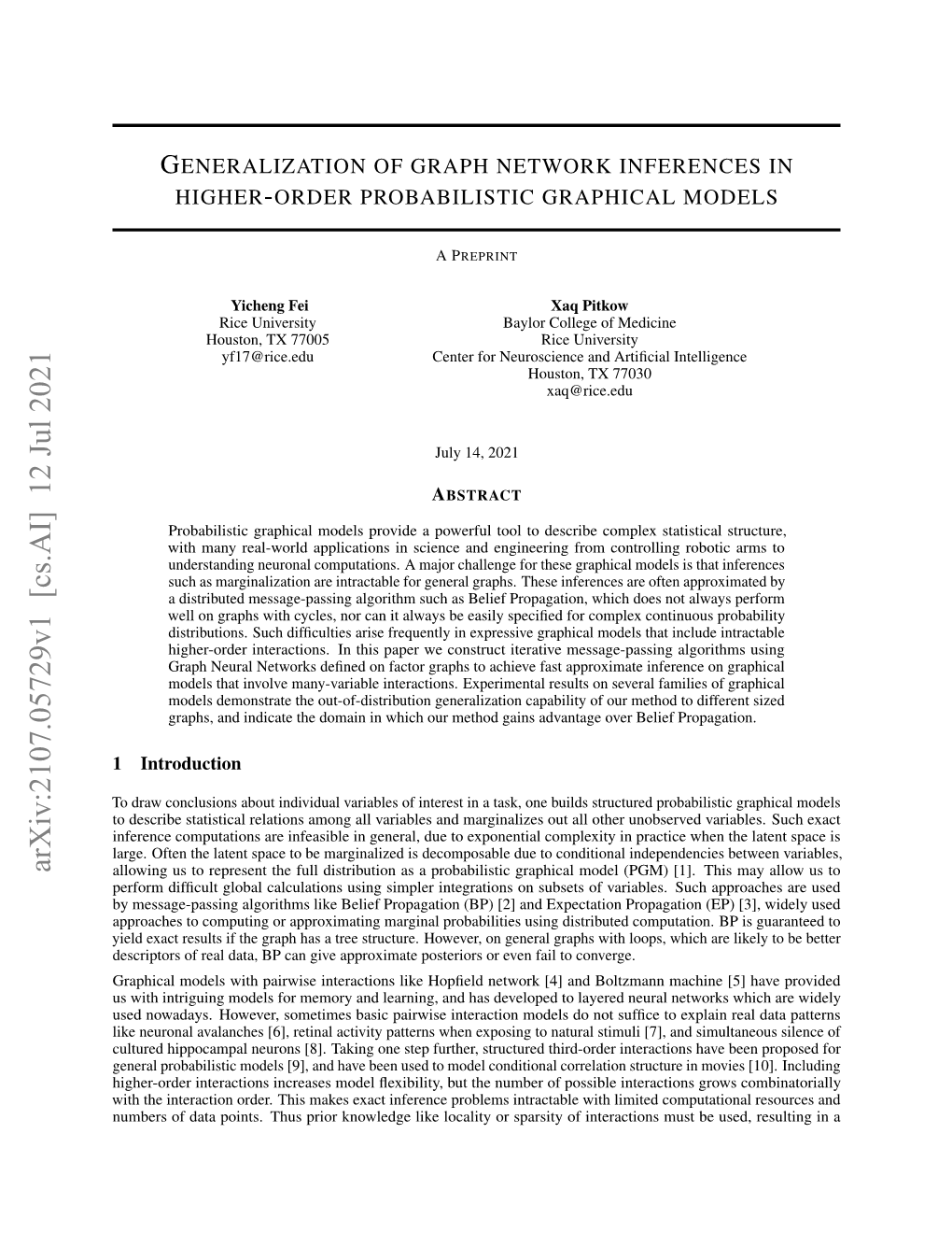 Arxiv:2107.05729V1 [Cs.AI] 12 Jul 2021 Allowing Us to Represent the Full Distribution As a Probabilistic Graphical Model (PGM) [1]