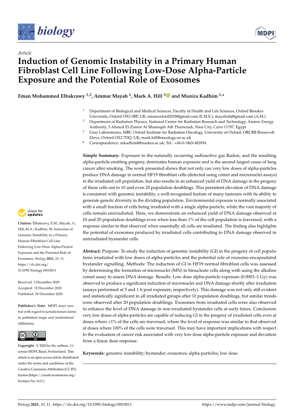 Induction of Genomic Instability in a Primary Human Fibroblast Cell Line Following Low-Dose Alpha-Particle Exposure and the Potential Role of Exosomes