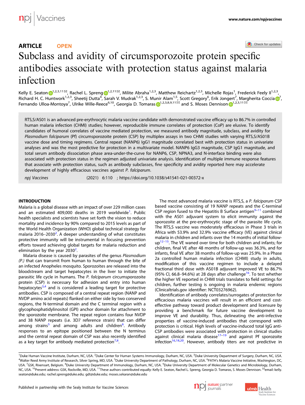 Subclass and Avidity of Circumsporozoite Protein Specific
