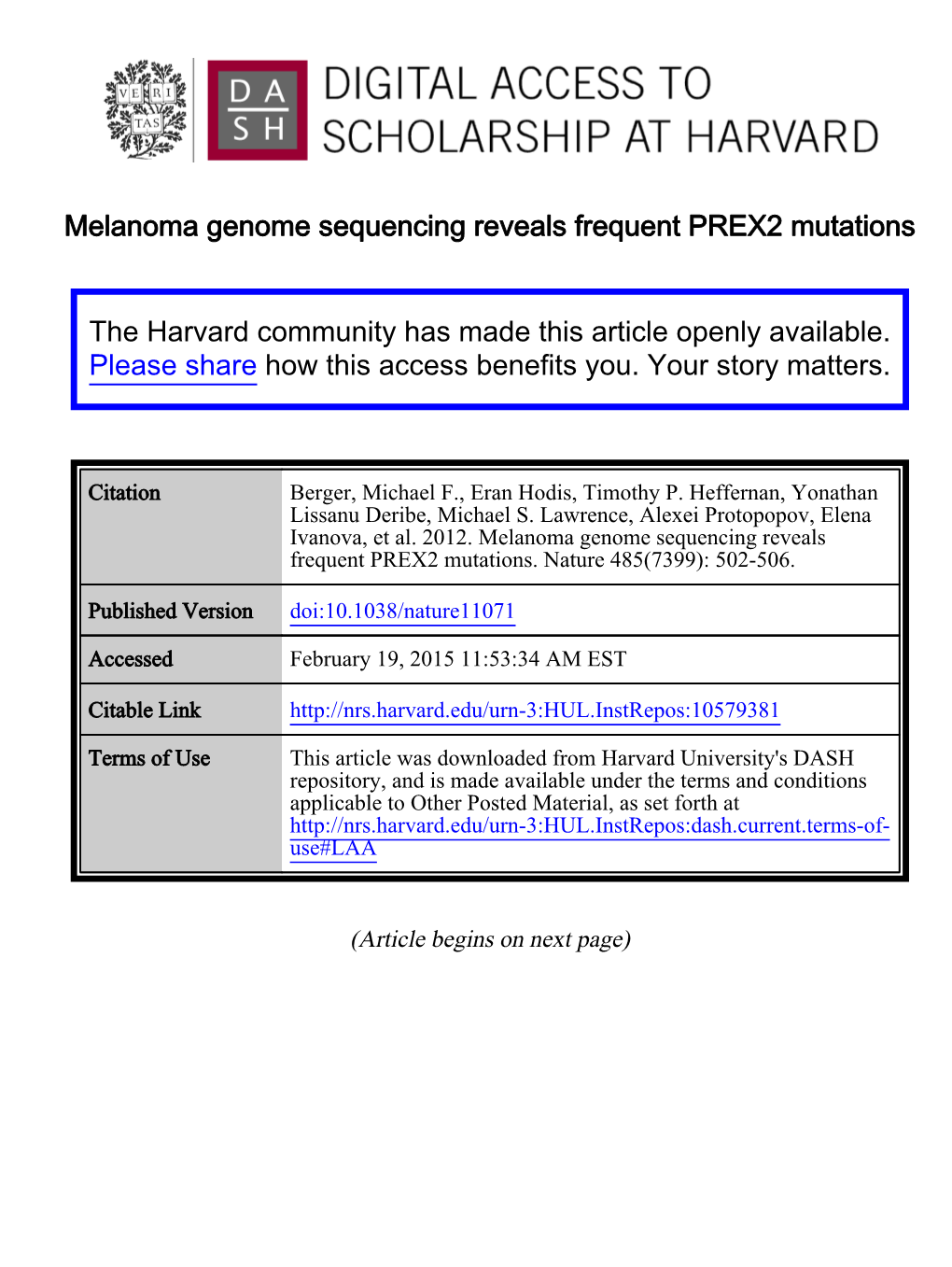 Melanoma Genome Sequencing Reveals Frequent PREX2 Mutations