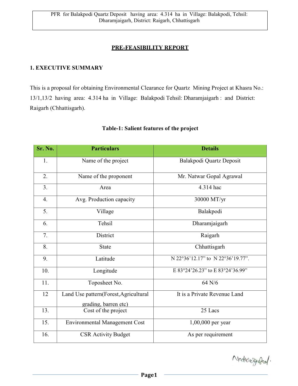 Pre-Feasibility Report