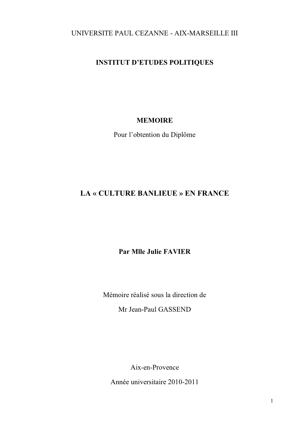 La « Culture Banlieue » En France