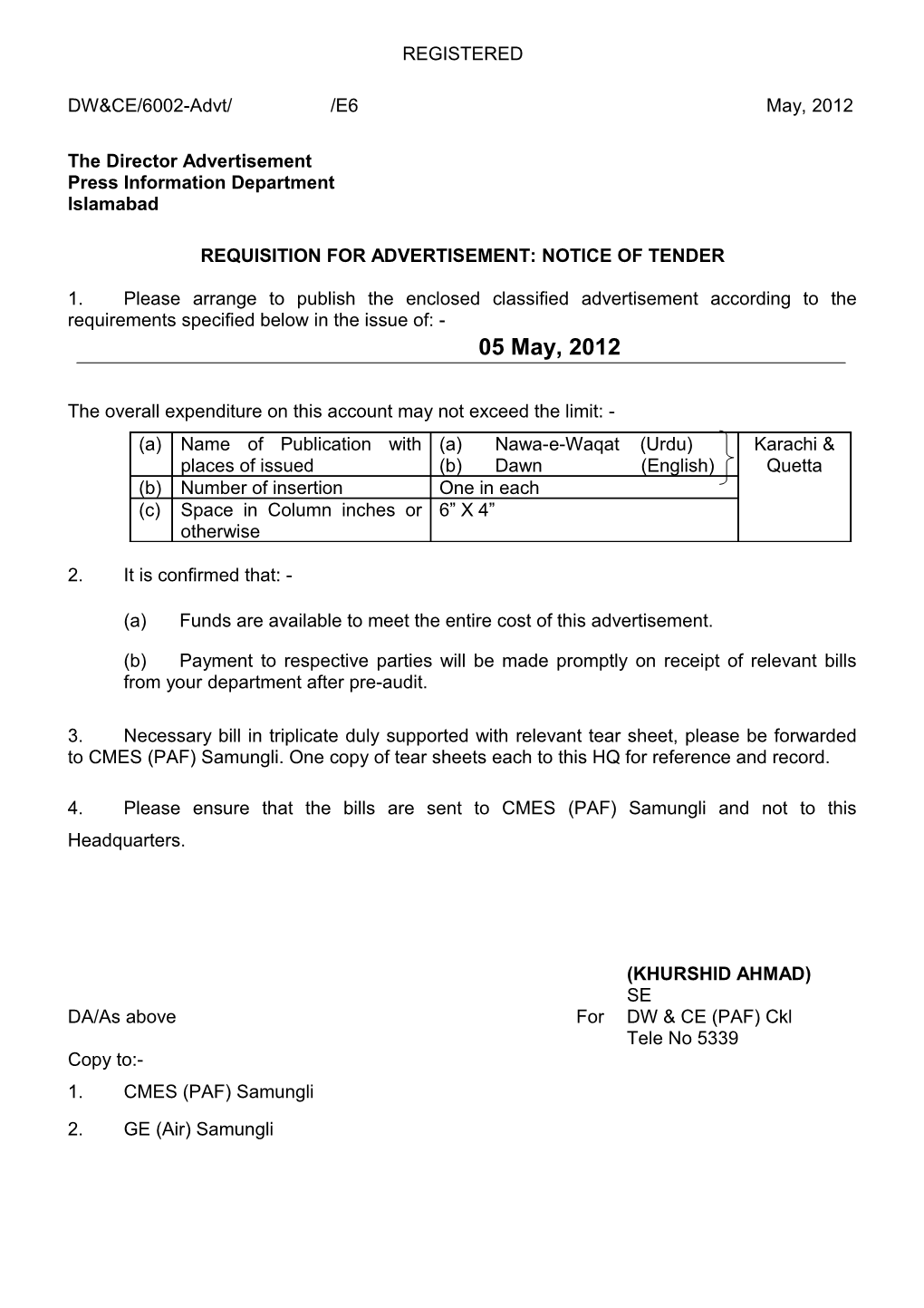 Requisition for Advertisement: Notice of Tender