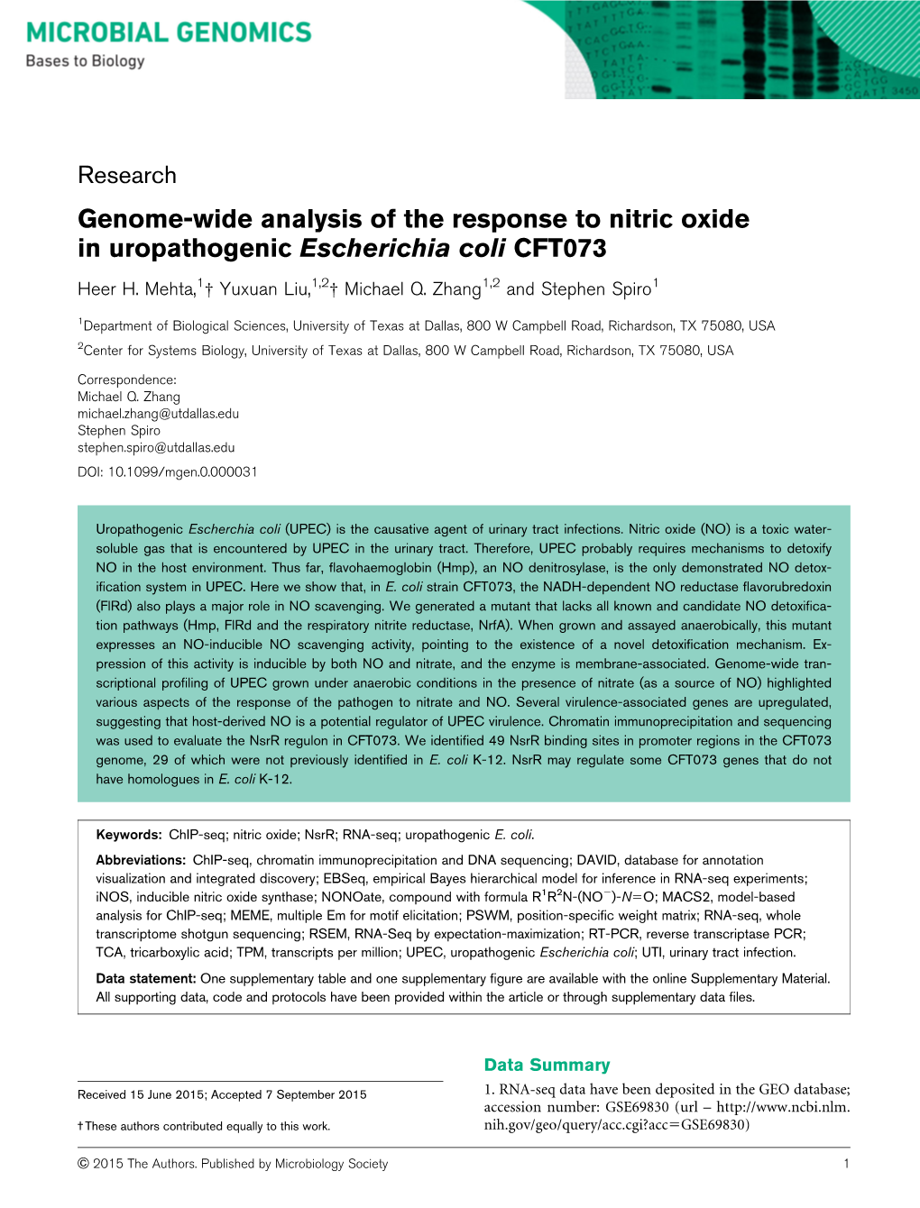 Genome-Wide Analysis of the Response to Nitric Oxide in Uropathogenic Escherichia Coli CFT073