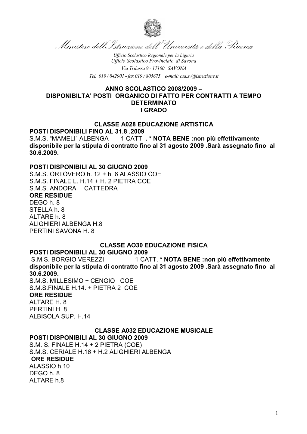 DISP. Suppl. 2008 I GRADO Organico Di Fatto PER CONVOCAZIONI