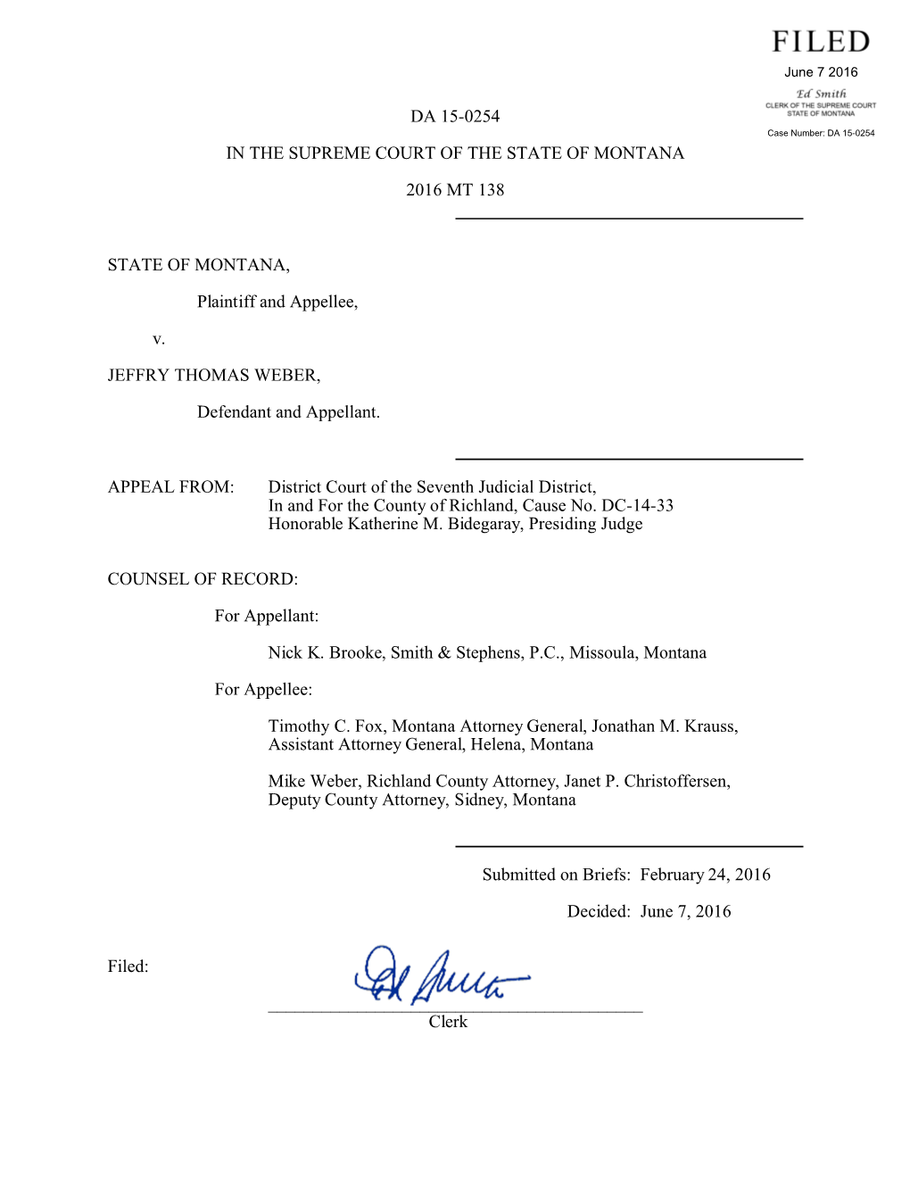 Da 15-0254 in the Supreme Court of the State of Montana