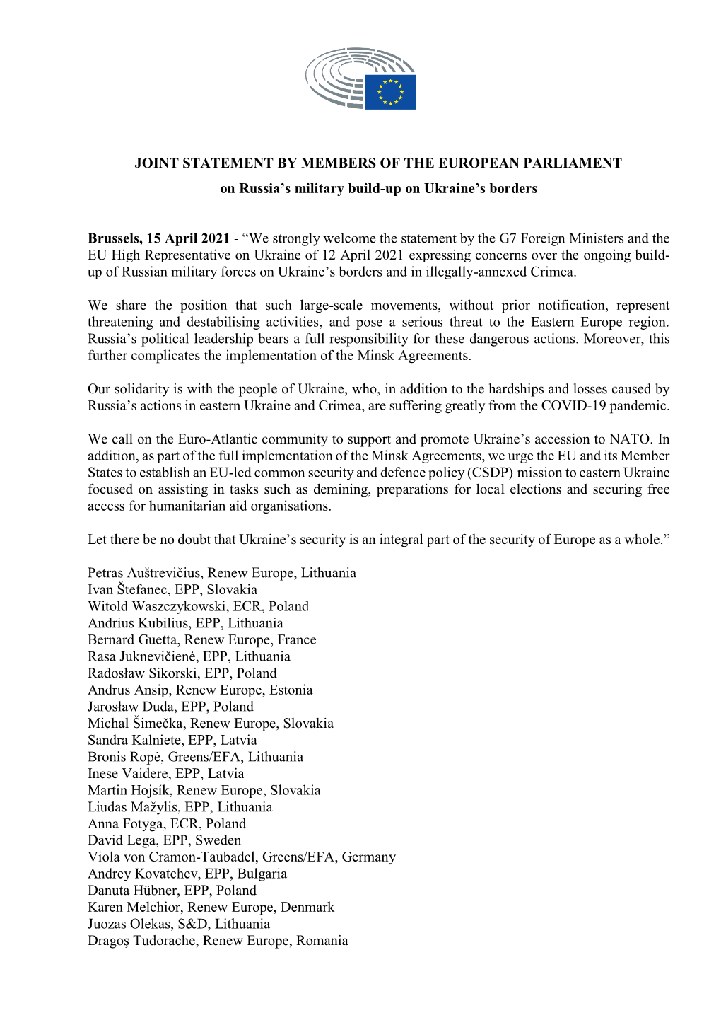 JOINT STATEMENT by MEMBERS of the EUROPEAN PARLIAMENT on Russia’S Military Build-Up on Ukraine’S Borders