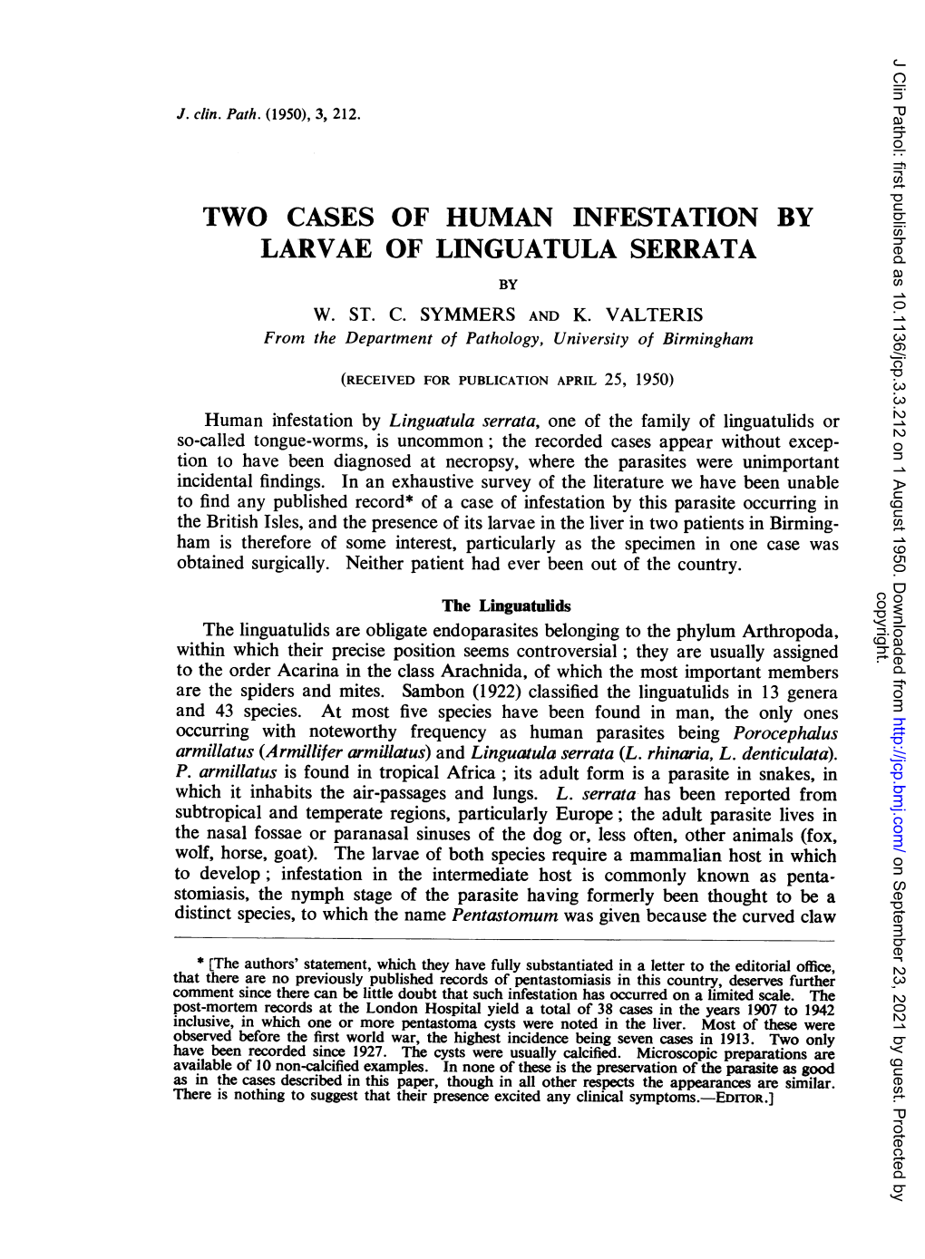 Two Cases of Human Infestation by Larvae of Linguatula Serrata by W