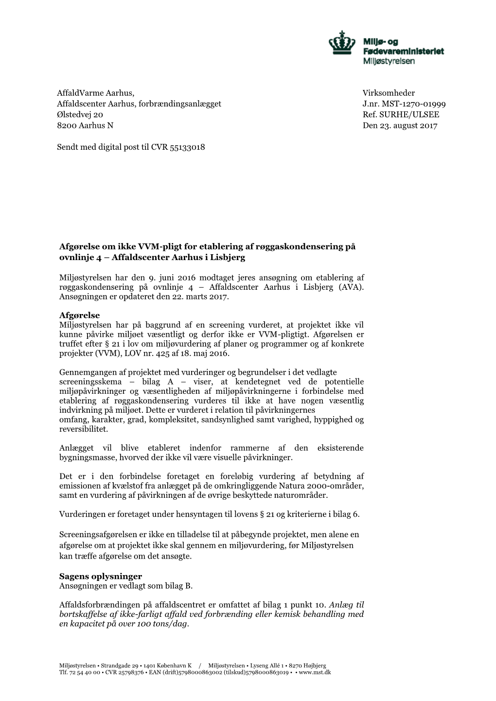 Screeningsafgørelse Om Ikke VVM-Pligt for Affaldscenter Aarhus