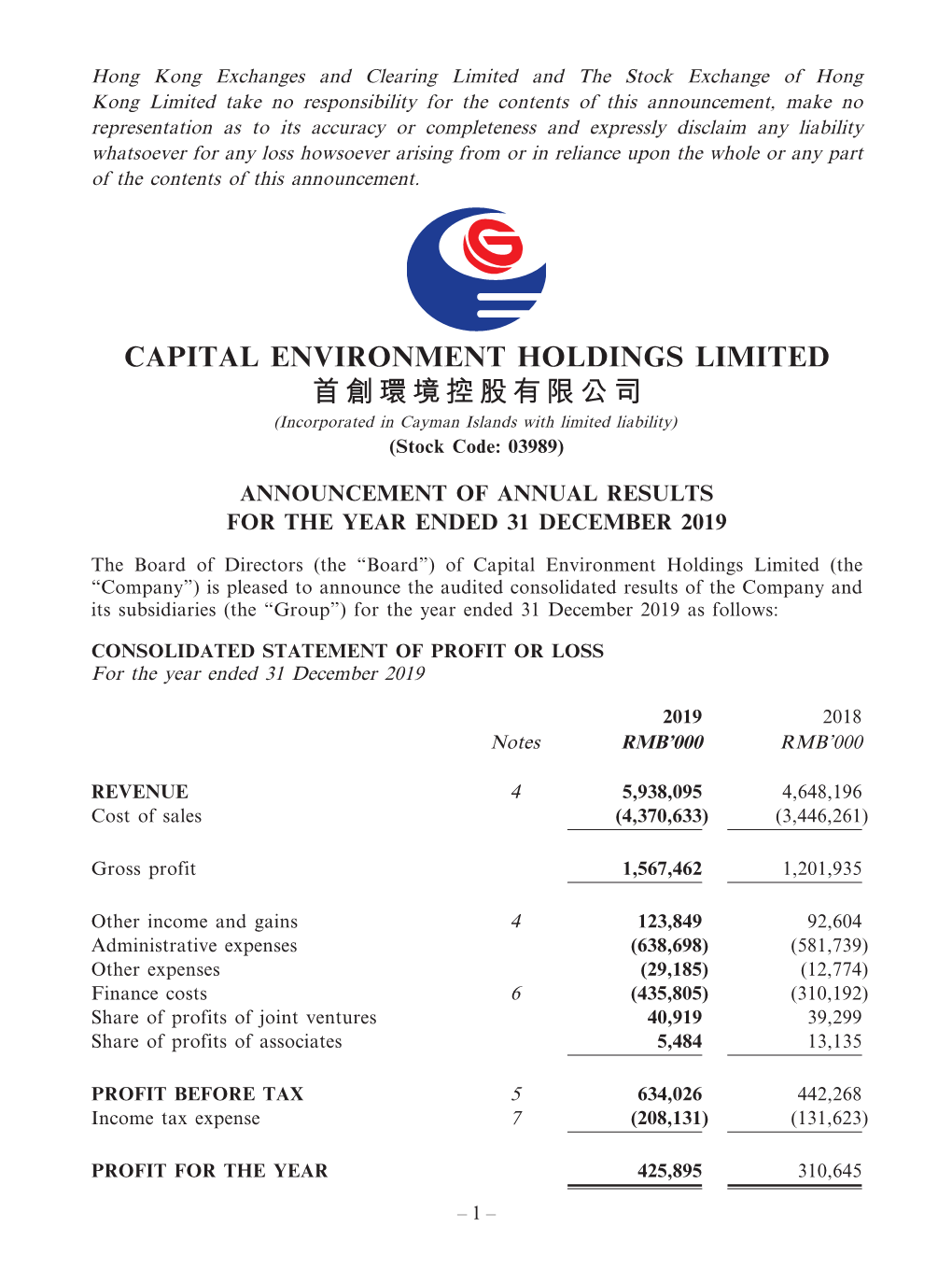 CAPITAL ENVIRONMENT HOLDINGS LIMITED 首創環境控股有限公司 (Incorporated in Cayman Islands with Limited Liability) (Stock Code: 03989)