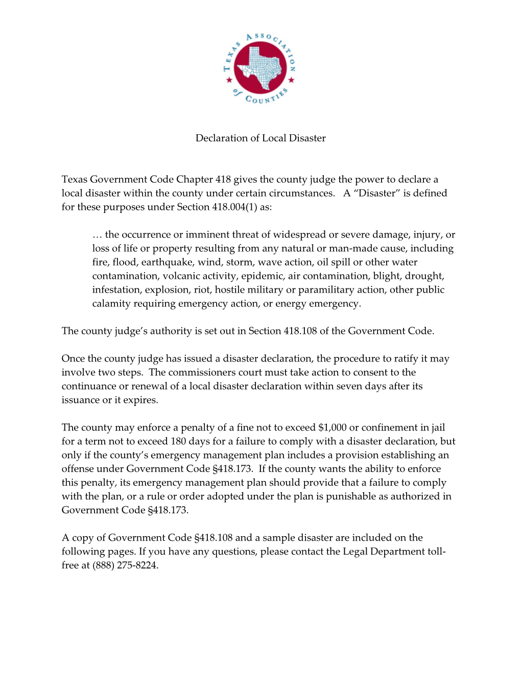 Declaration of Local Disaster Texas Government Code Chapter 418