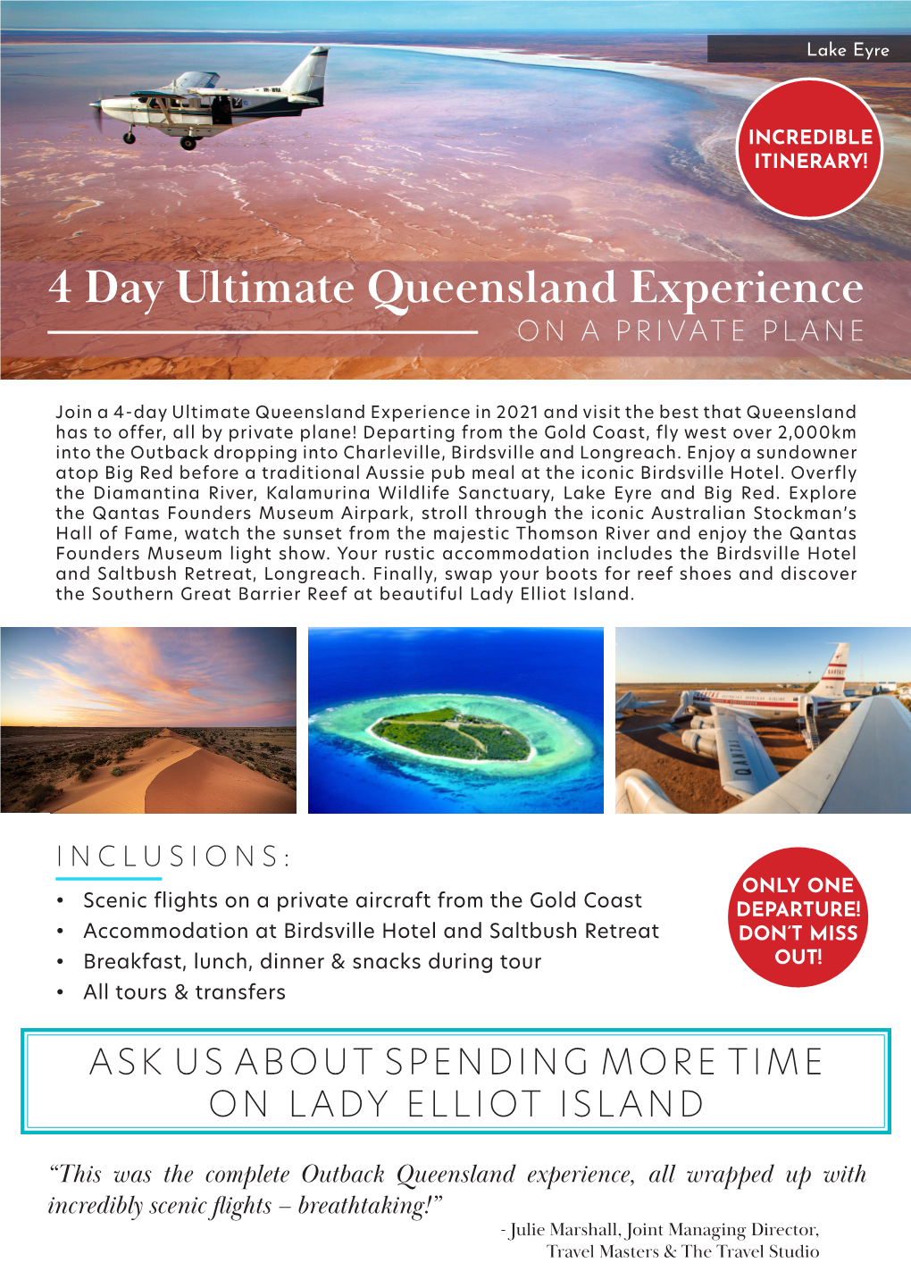 4 Day Ultimate Queensland Experience on a PRIVATE PLANE