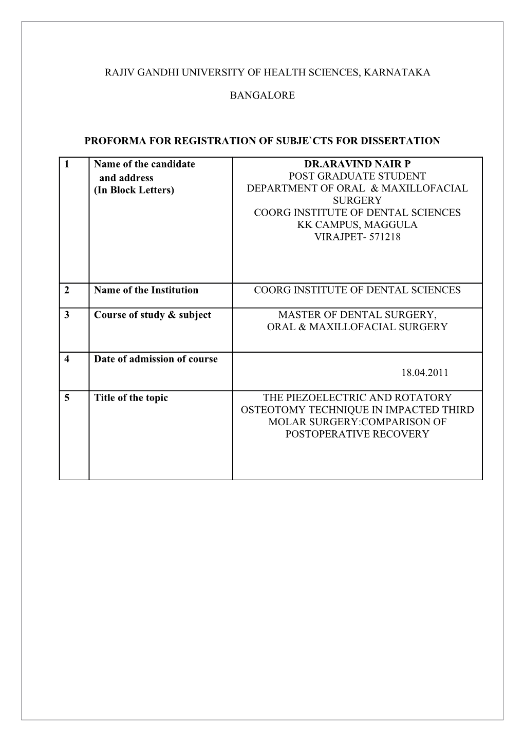 Proforma for Registration of Subje Cts for Dissertation