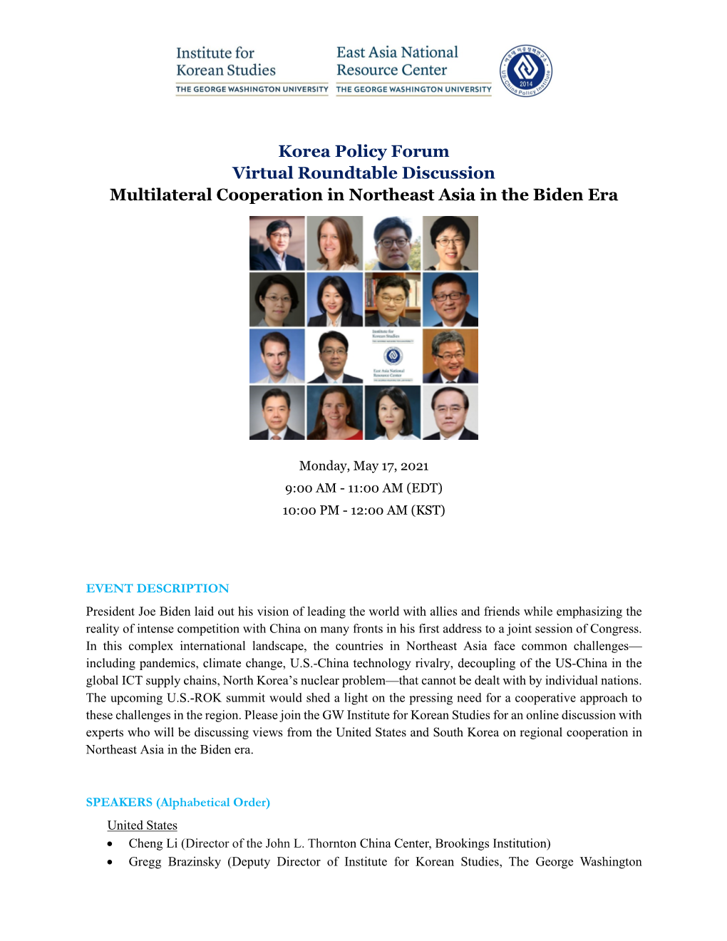 Korea Policy Forum Virtual Roundtable Discussion Multilateral Cooperation in Northeast Asia in the Biden Era