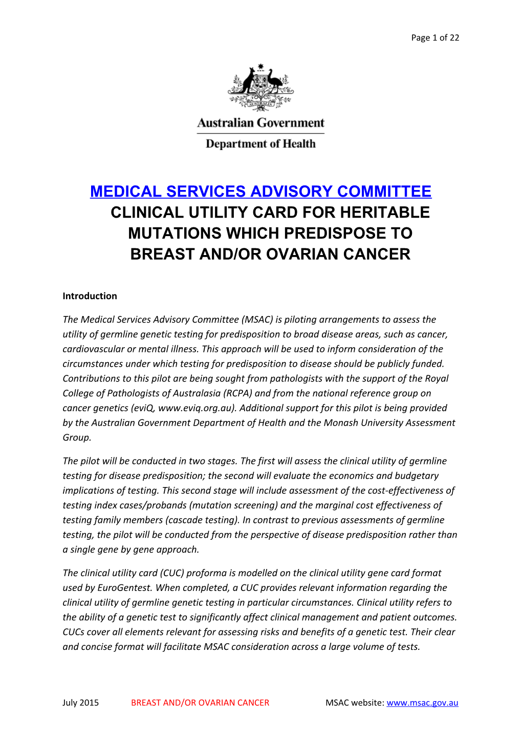 Medical Services Advisory Committee Clinical Utility Card for Heritable Mutations Which