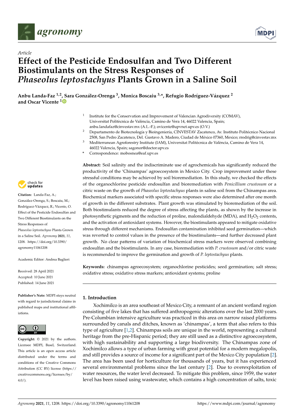 Effect of the Pesticide Endosulfan and Two Different Biostimulants on the Stress Responses of Phaseolus Leptostachyus Plants Grown in a Saline Soil