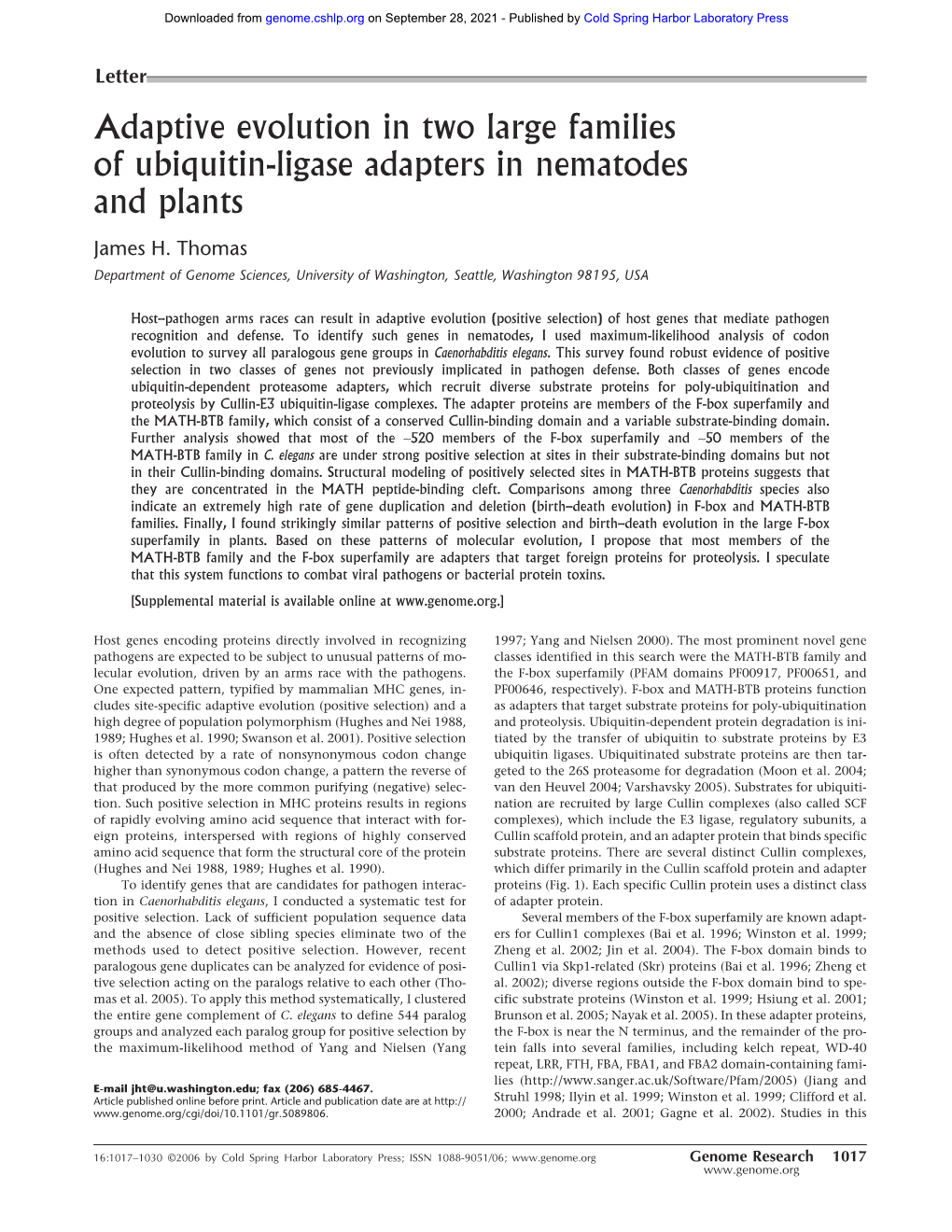 Adaptive Evolution in Two Large Families of Ubiquitin-Ligase Adapters in Nematodes and Plants