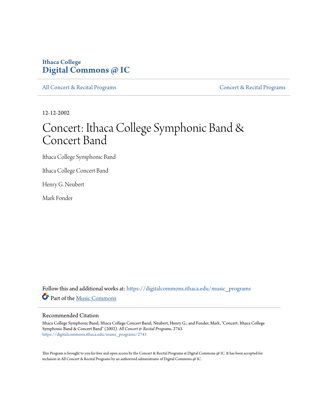Ithaca College Symphonic Band & Concert Band