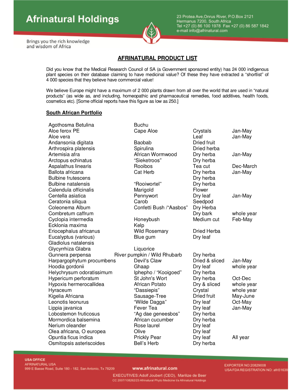 Afrinatural Product List