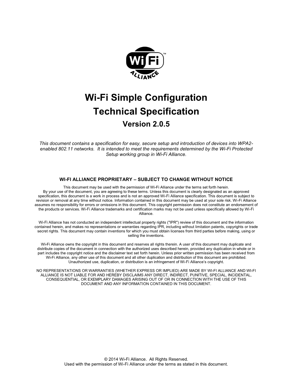 Wi-Fi Simple Configuration Technical Specification Version 2.0.5