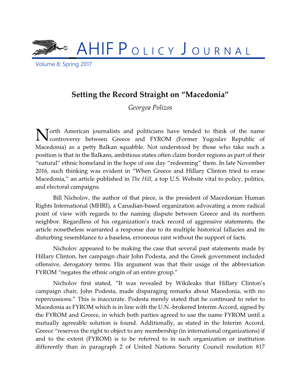 AHIF Policy Journal Volume 8, Spring 2017