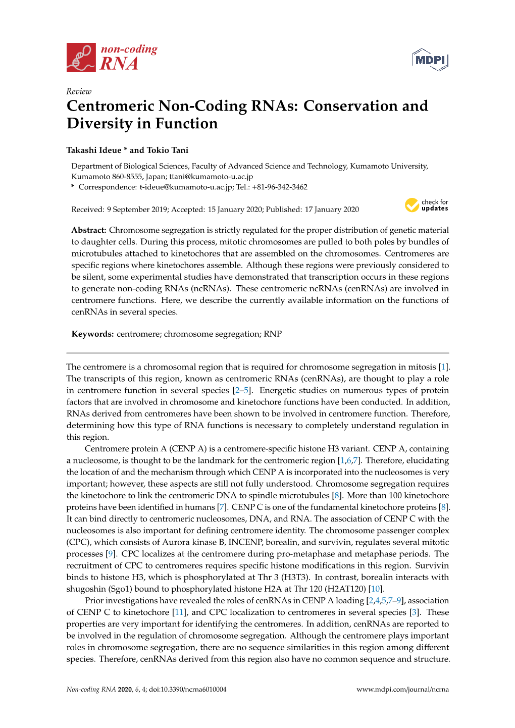 Centromeric Non-Coding Rnas: Conservation and Diversity in Function