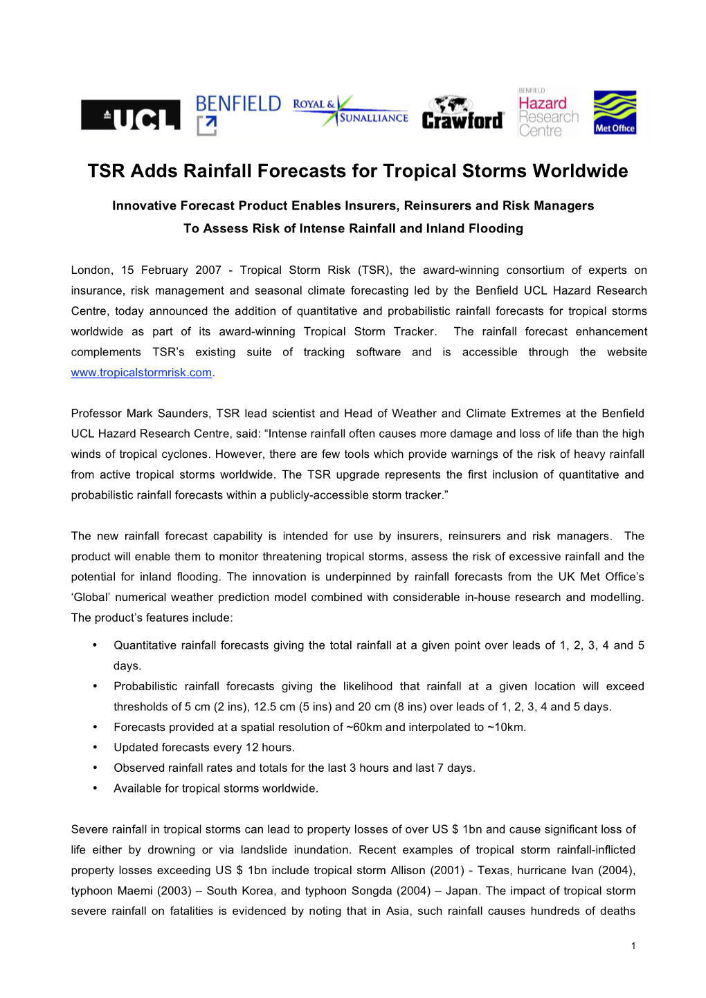 TSR Adds Rainfall Forecasts for Tropical Storms Worldwide