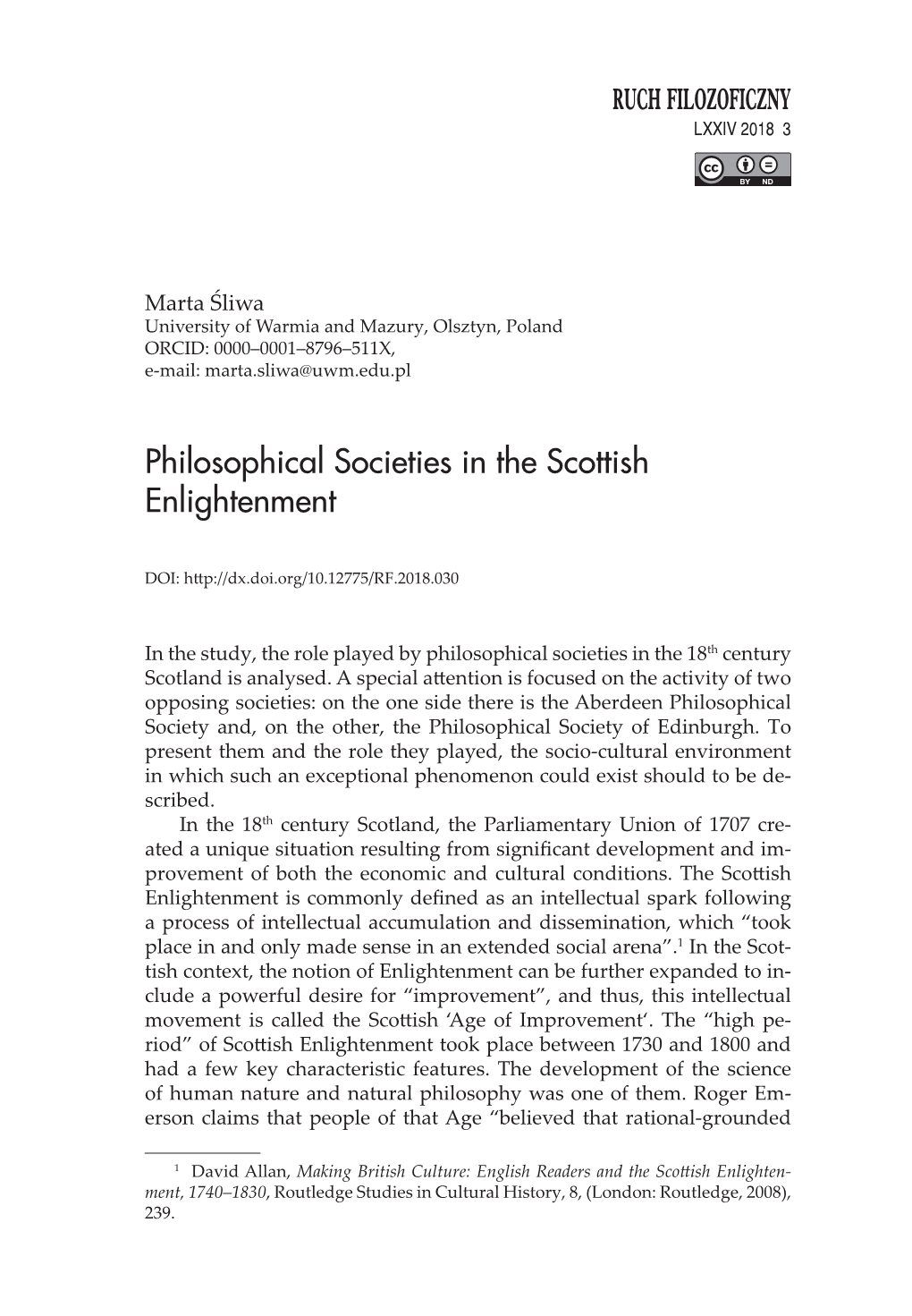 Philosophical Societies in the Scottish Enlightenment