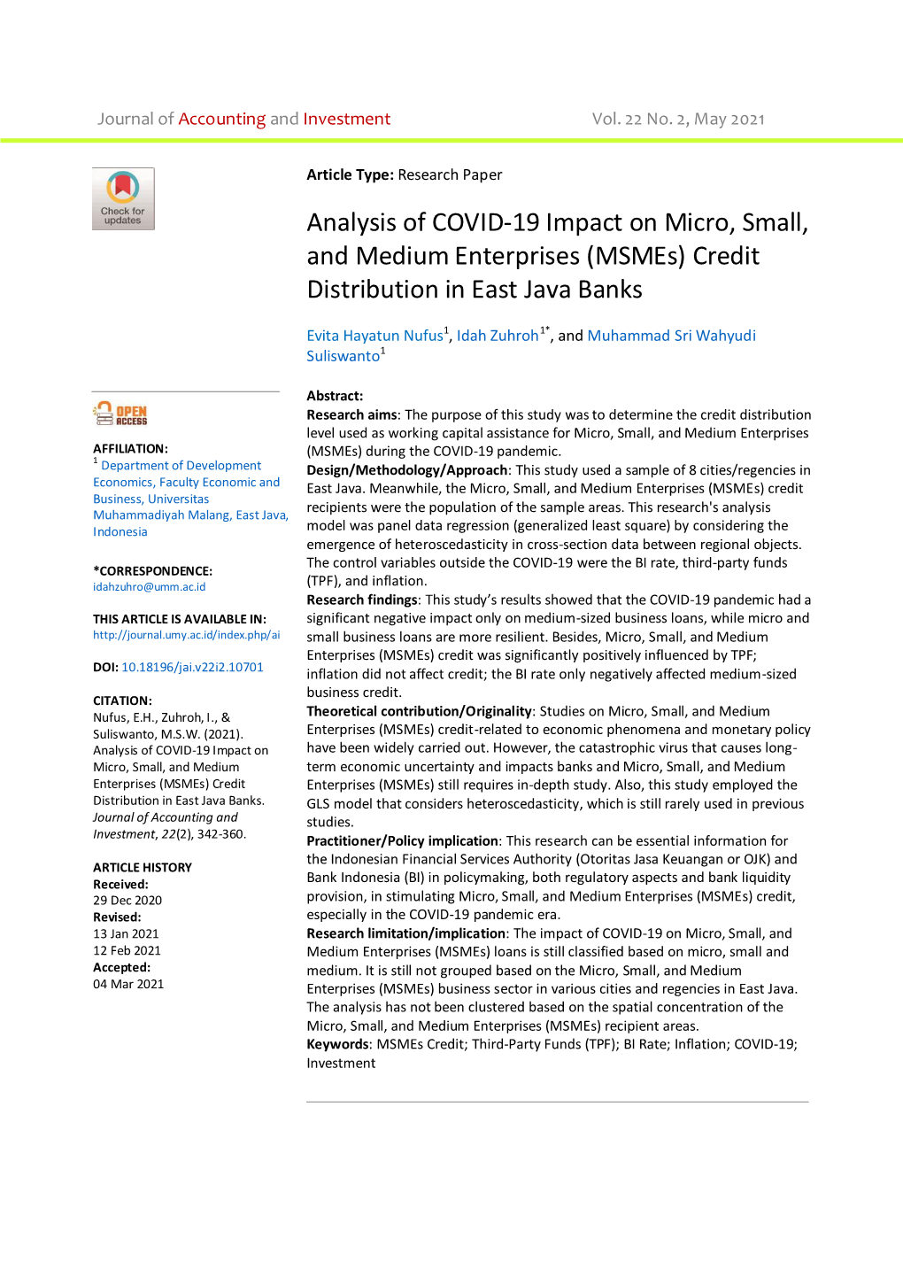 Analysis of COVID-19 Impact on Micro, Small, and Medium Enterprises (Msmes) Credit Distribution in East Java Banks