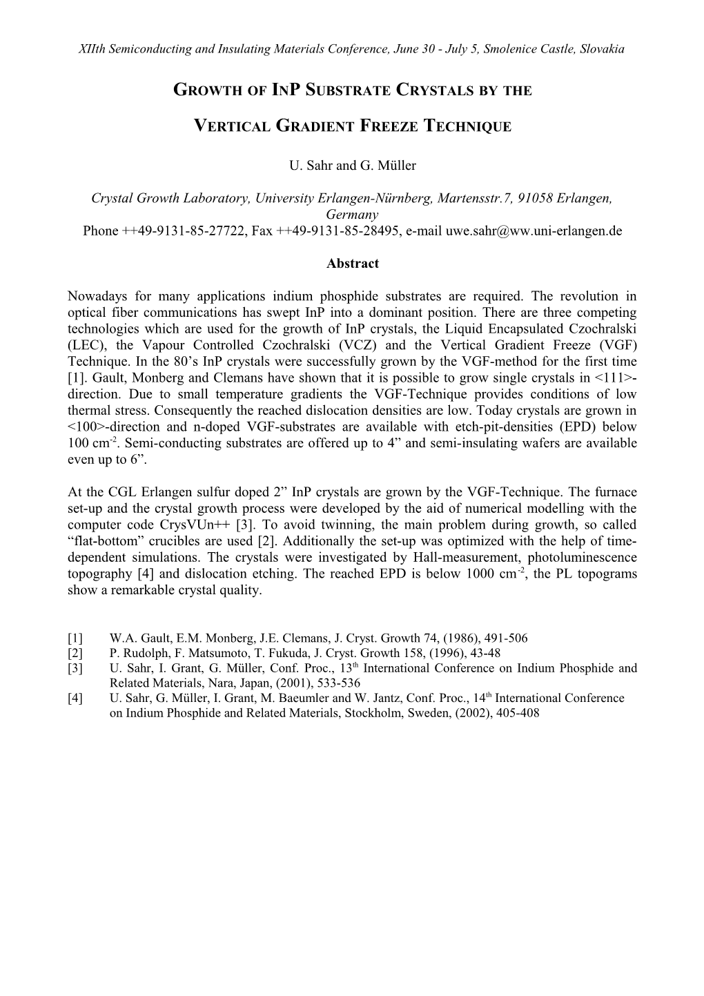 Growth of Inp Substrate Crystals by the Vertical Gradient Freeze Technique