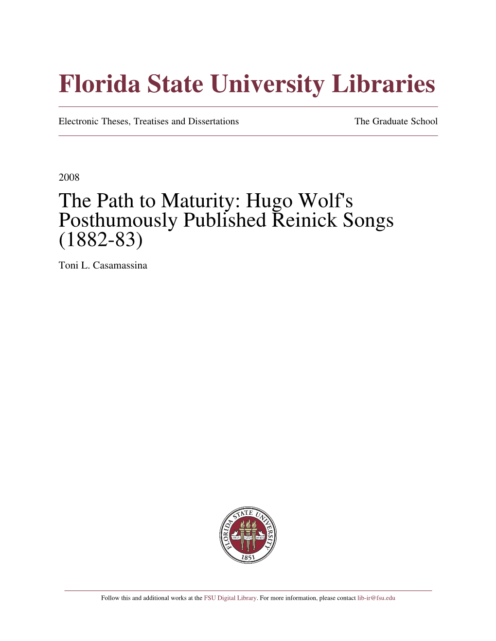 Hugo Wolf's Posthumously Published Reinick Songs (1882-83) Toni L