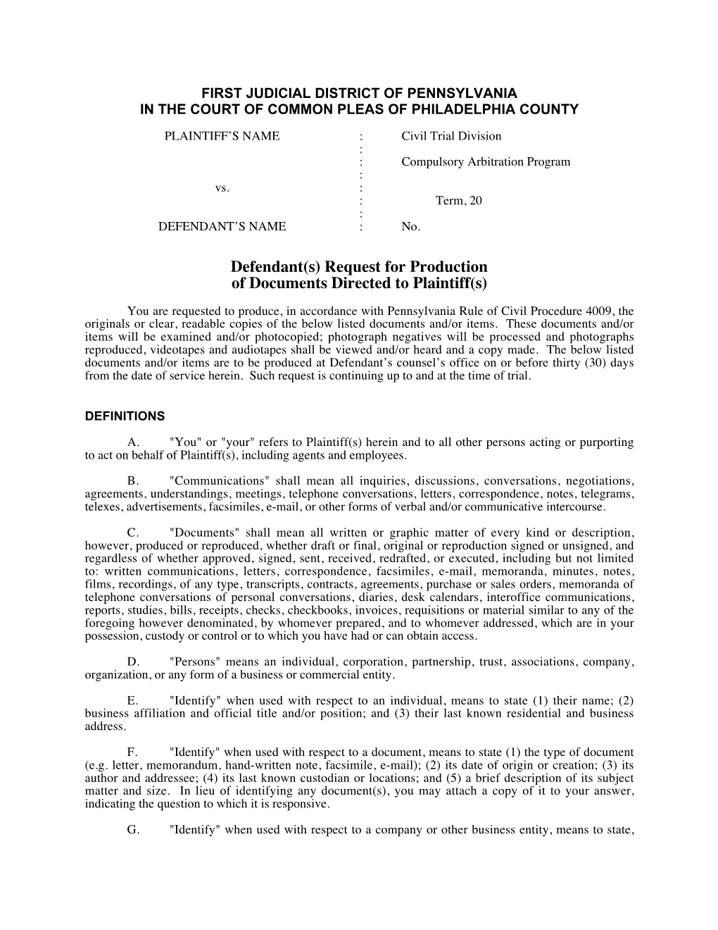 Defendant(S) Request for Production of Documents Directed to Plaintiff(S)