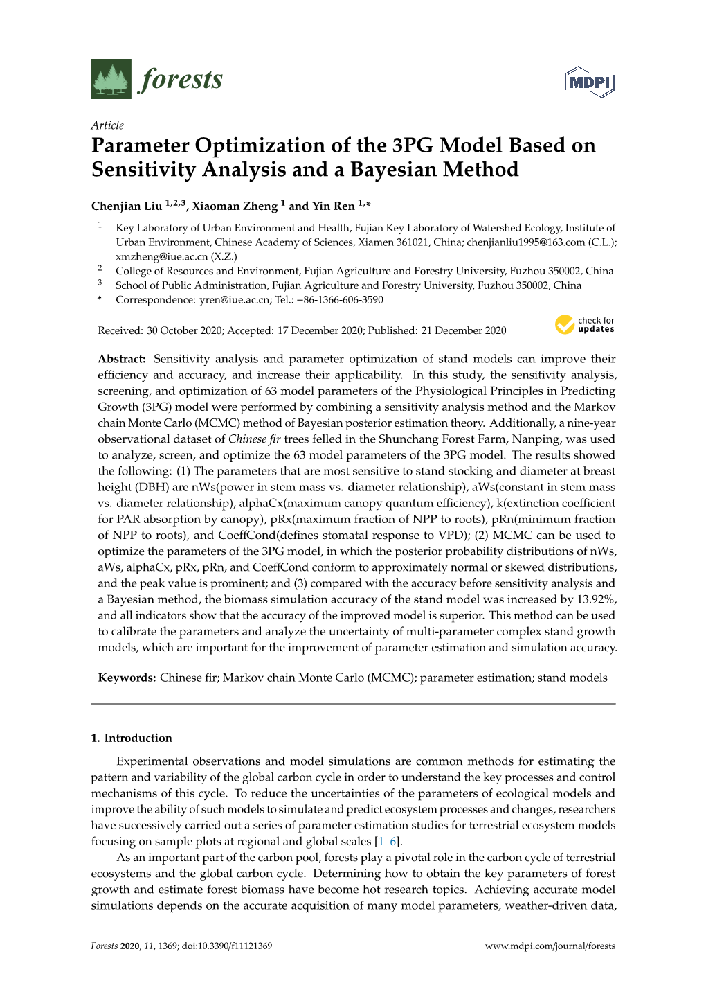 Parameter Optimization of the 3PG Model Based on Sensitivity Analysis and a Bayesian Method