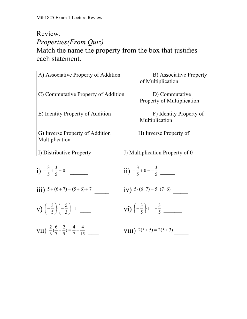 Mth1825 Exam 1 Lecture Review