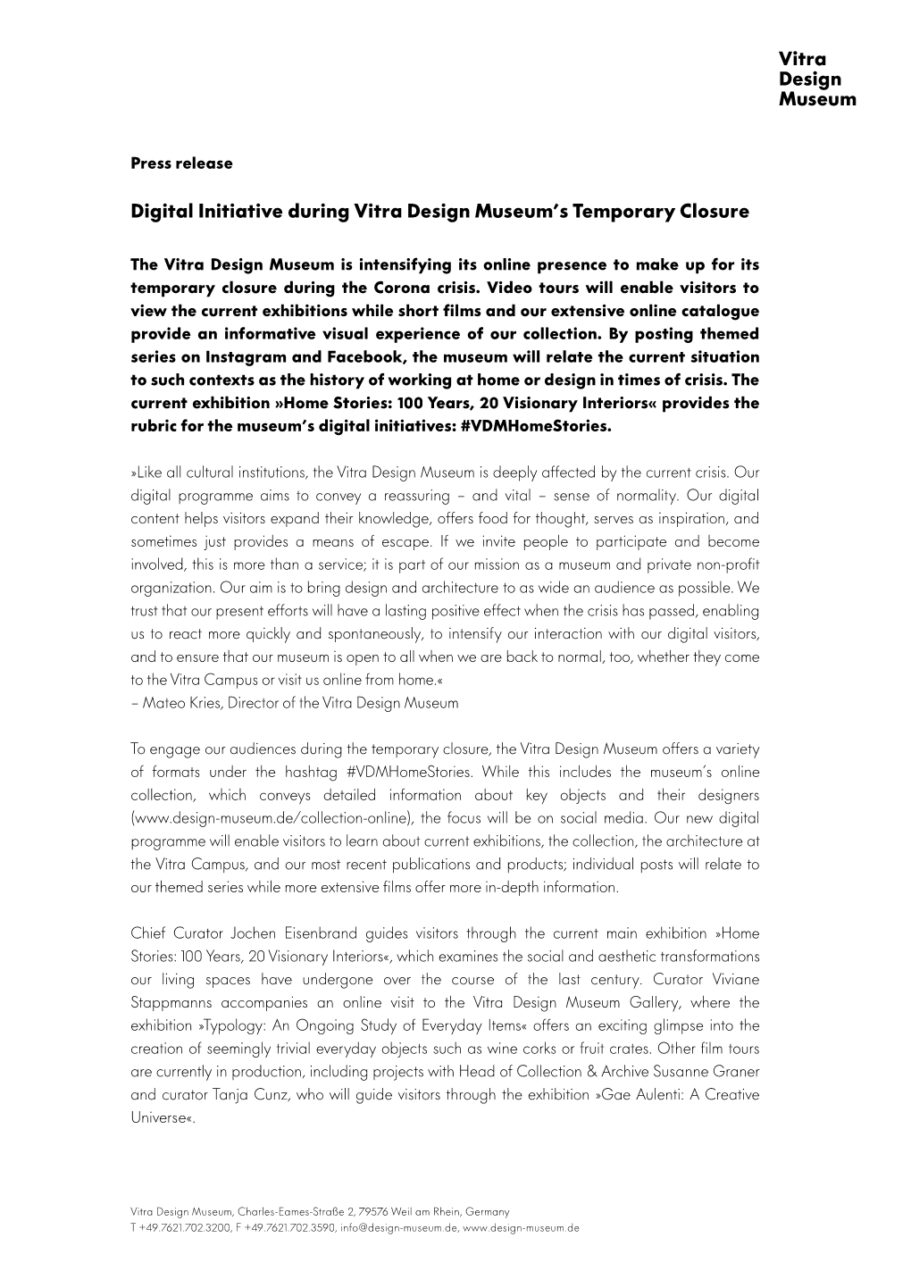 Digital Initiative During Vitra Design Museum's Temporary Closure