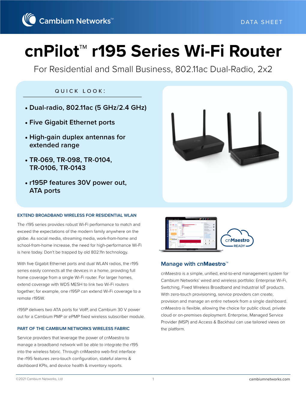 Cnpilot™ R195 Series Wi-Fi Router for Residential and Small Business, 802.11Ac Dual-Radio, 2X2