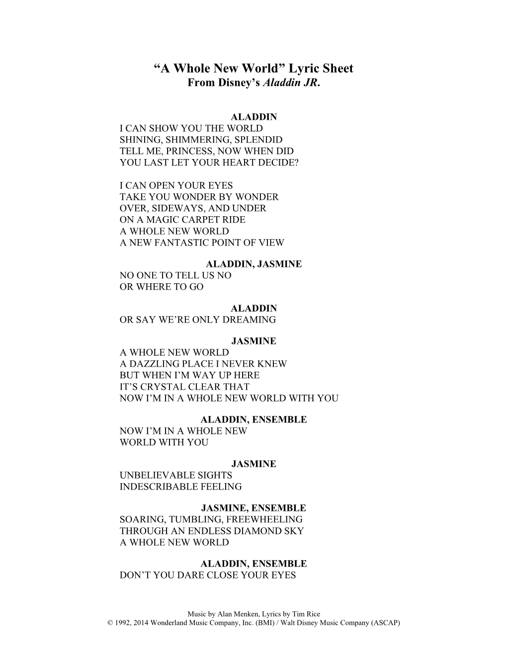 “A Whole New World” Lyric Sheet from Disney’S Aladdin JR